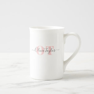 Taza De Porcelana Mínimo Monograma Moderno Script Rubor Personalizad