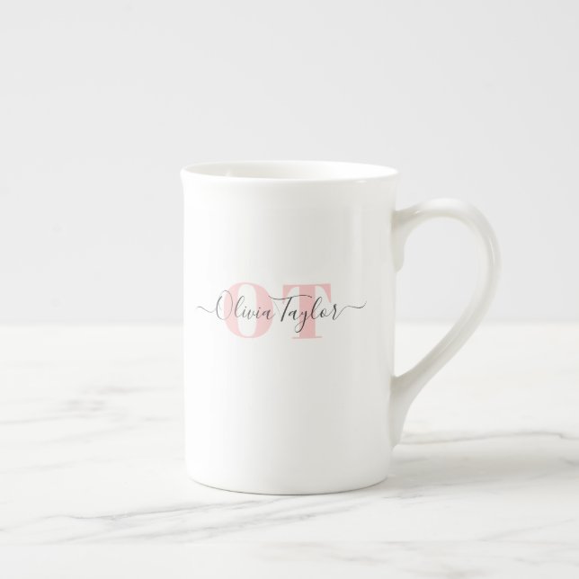 Taza De Porcelana Mínimo Monograma Moderno Script Rubor Personalizad (Derecha)