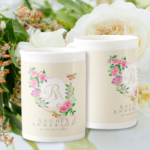 Taza De Porcelana Moda de cinta rosa rosa monograma beige