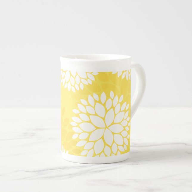 Taza De Porcelana Modelo floral blanco amarillo del monograma (Derecha)