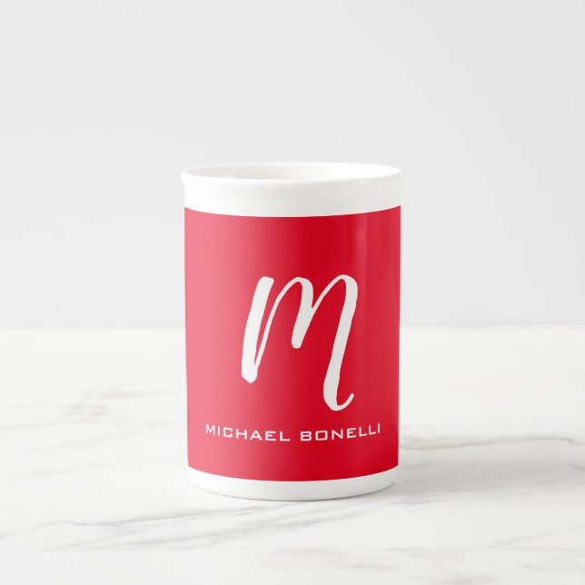 Taza De Porcelana Monograma blanco rojo elegante caligrafía su nombr (Frente)