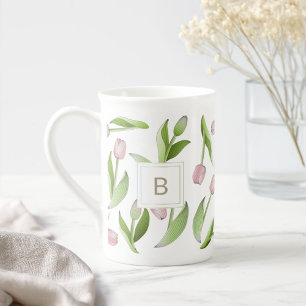 Taza De Porcelana Monograma de Flor de Tulipán Rosa Moderno
