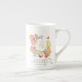 Taza De Porcelana Monograma de jardín romántico floreciente