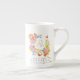 Taza De Porcelana Monograma de jardín romántico floreciente