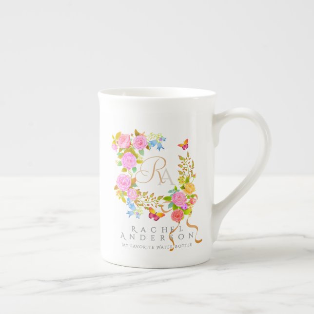 Taza De Porcelana Monograma de jardín romántico floreciente (Derecha)