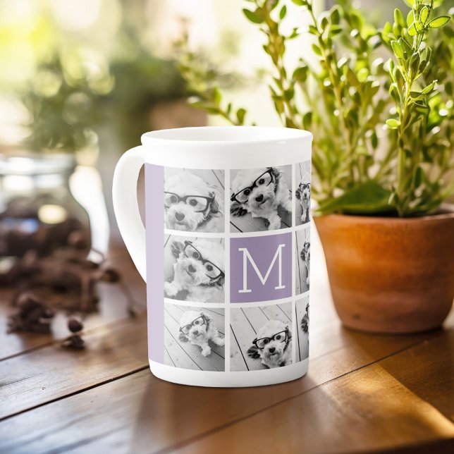 Taza De Porcelana Monograma de lavanda con cuadrícula de 8 Collages  (Personalized mug with photos and text, customize completely in the advanced design area)