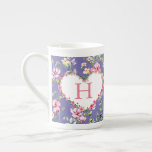 Taza De Porcelana Monograma de patrón de acuarela de flor de primave