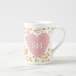 Taza De Porcelana Monograma de Patrón de Acuarela de Flor de Primave