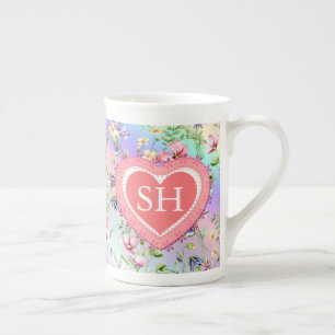 Taza De Porcelana Monograma de Patrón de Acuarela de Flor de Primave