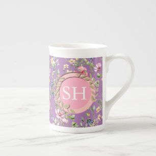 Taza De Porcelana Monograma de Patrón de Acuarela de Flor de Primave