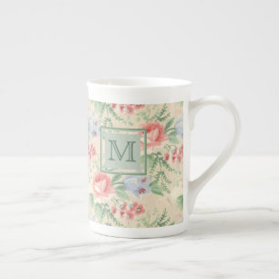 Taza De Porcelana Monograma del patrón de flor rosa rosa de la cose
