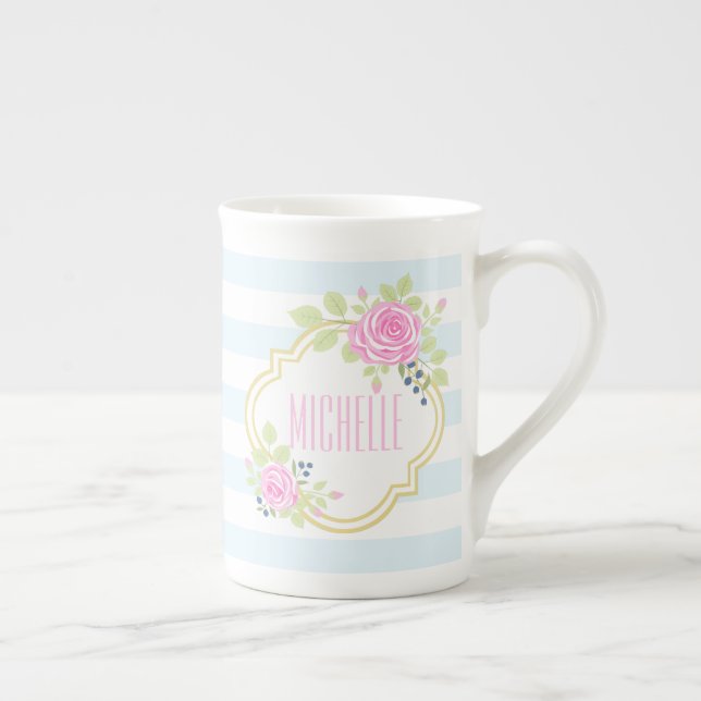 Taza De Porcelana Monograma Fancy Roses rosas rosas rosas rosas Blue (Derecha)