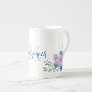 Taza De Porcelana Monograma Floral Acuarela Azul Púrpura