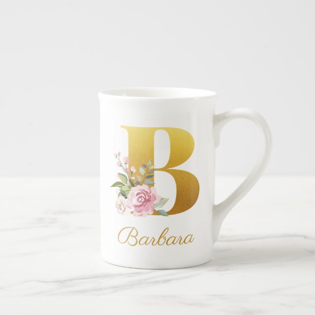 Taza De Porcelana Monograma Floral Nombre Botánico Inicial B Persona (Derecha)