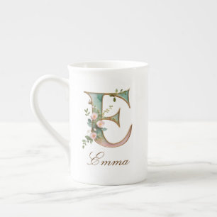 Taza De Porcelana Monograma Inicial E Floral Dorada Personalizada