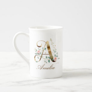 Taza De Porcelana Monograma Inicial Floral Dorada Personalizada A