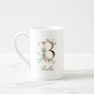 Taza De Porcelana Monograma Inicial Floral Dorada Personalizada B