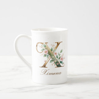 Taza De Porcelana Monograma Inicial Floral Dorada Personalizada X
