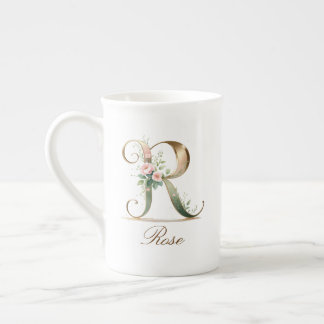 Taza De Porcelana Monograma Inicial R Floral Dorada Personalizada