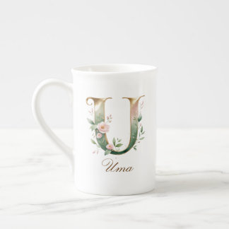 Taza De Porcelana Monograma Inicial U Floral Dorada Personalizada
