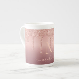 Taza De Porcelana Monograma Letra Rosa Purpurina dorado Mug