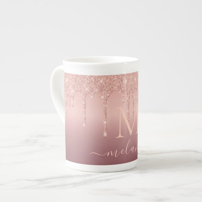 Taza De Porcelana Monograma Letra Rosa Purpurina dorado Mug (Izquierda)