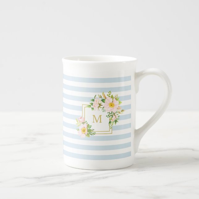 Taza De Porcelana Monograma Moda floral Estaciones azules Pastel (Derecha)