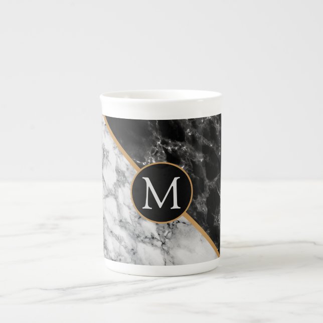 Taza De Porcelana Monograma Mug - Piedra de mármol blanco negro (Frente)