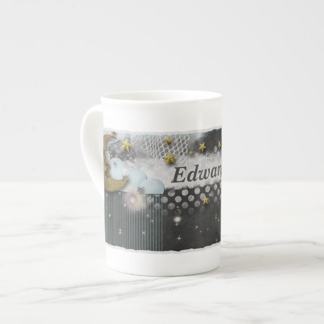 Taza De Porcelana Monograma óseo de la luna y las estrellas Personal (Izquierda)