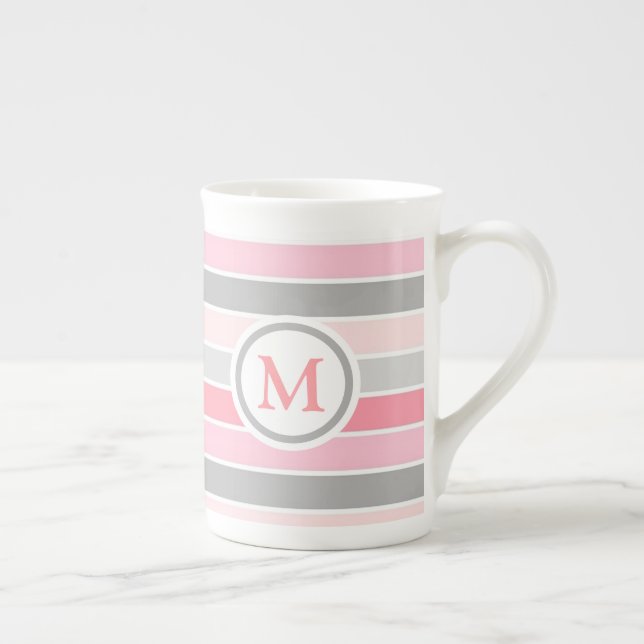 Taza De Porcelana Monograma rayado rosa y gris (Derecha)