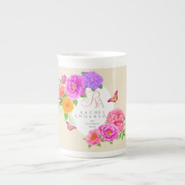 Taza De Porcelana Monograma romántico Peonies Garden Beige