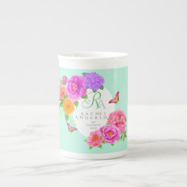 Taza De Porcelana Monograma romántico Peonies Garden Green