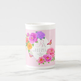 Taza De Porcelana Monograma romántico Peonies Garden Pink