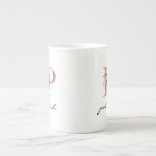 Taza De Porcelana Monograma Rosa Floral Acuarela Letra P