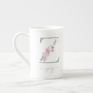 Taza De Porcelana Monograma Rubor color agua rosa letra floral Z
