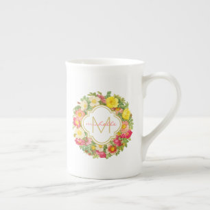 Taza De Porcelana Monograma Vintage Floral Wreath China Mug