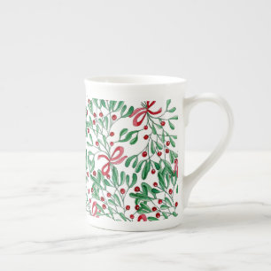 Taza De Porcelana Muérdago rústico de Navidad acuarela pintado a man