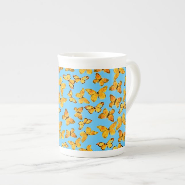 Taza De Porcelana Mug de China ósea, mariposas doradas en azul cielo (Derecha)