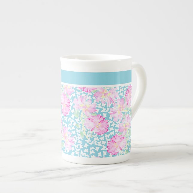 Taza De Porcelana Mug de China, rosas rosadas, mariposas blancas (Derecha)
