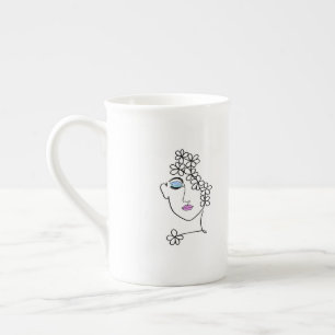 Taza De Porcelana Mujer con arte de línea de flores