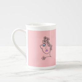 Taza De Porcelana Mujer Con Flores Línea De Arte Rosa