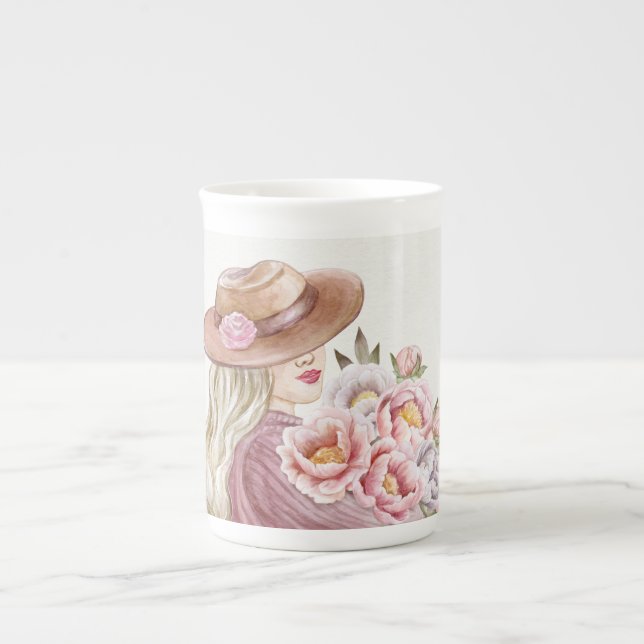 Taza De Porcelana Mujer elegante con arte acuático Peonies (Frente)