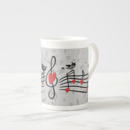 Taza De Porcelana Music Love Birds en notas musicales grises