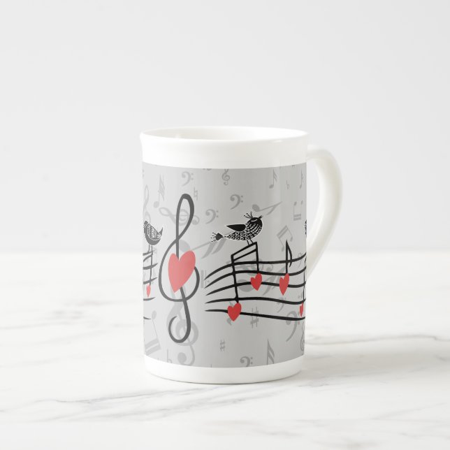 Taza De Porcelana Music Love Birds en notas musicales grises (Derecha)