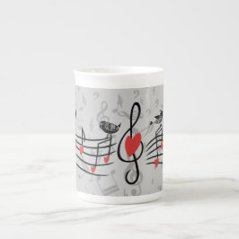Taza De Porcelana Music Love Birds en notas musicales grises