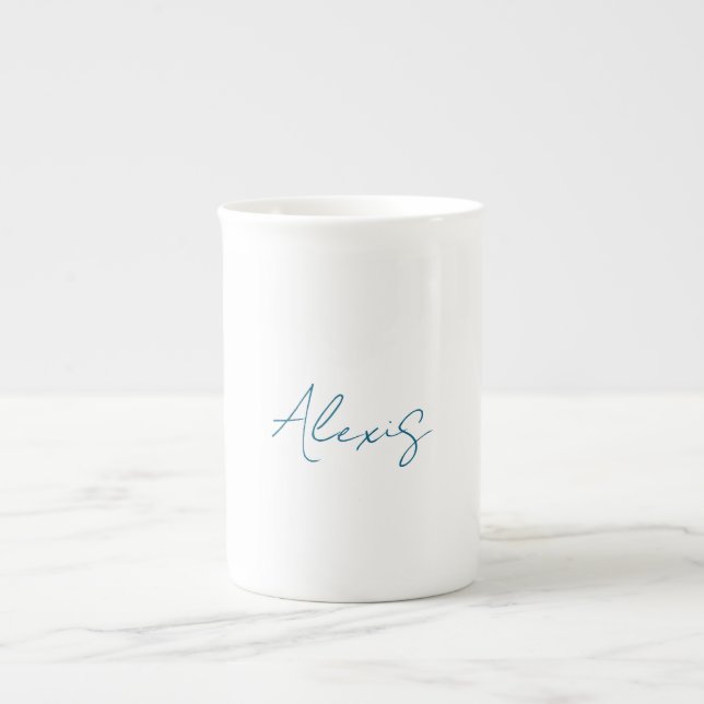 Taza De Porcelana Name Calligraphy Script Plain Simple White Blue (Frente)