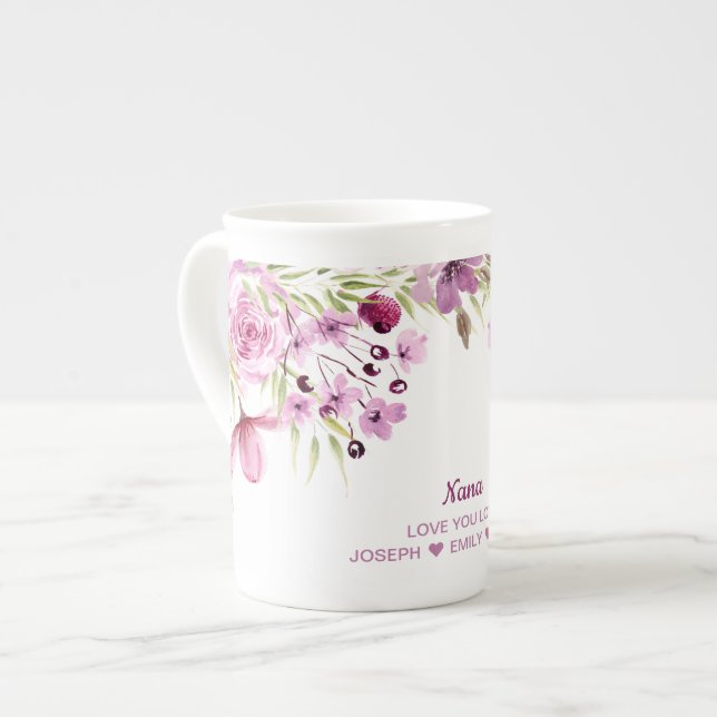 Taza De Porcelana Nana rosa y morado floral (Izquierda)