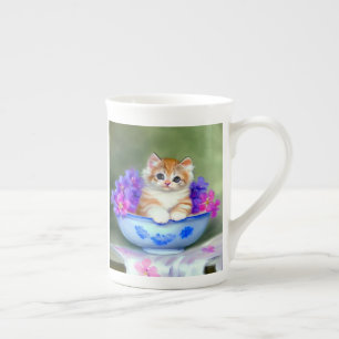 Taza De Porcelana Naranja de época y Ilustracion de gatito blanco