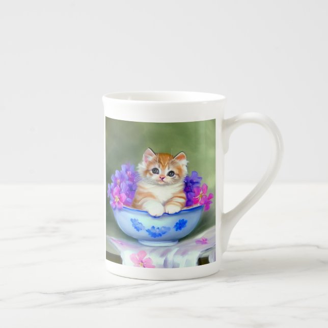 Taza De Porcelana Naranja de época y Ilustracion de gatito blanco (Derecha)