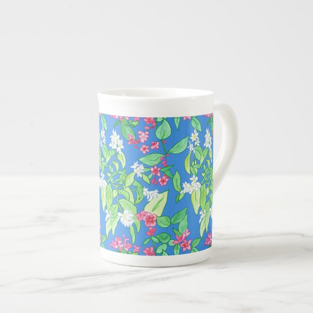Taza De Porcelana Naranja falso, Weigela, rosa, blanco en azul (Derecha)